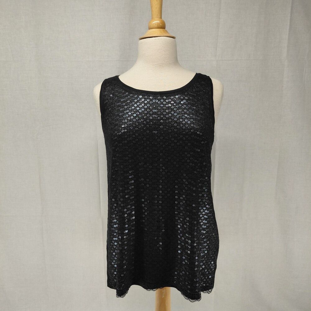 Ann Taylor LOFT Black Sequin Scoop Neck Tank Top w/ Lace Overlay Sz Medium